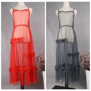 Dama Vestido Transparente Volantes Malla Transparente Correa de Espagueti Cuello en V Cintura Alta - Imagen 1 de 13