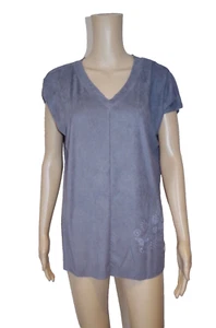 DESIGUAL sz M WOMENS BLOUSE TOP T-SHIRT TUNIC BUTTERFLY V-NECK FAUX SUEDE NUBUCK - Picture 1 of 6