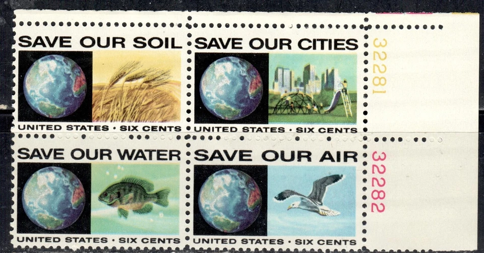 #1410-13 1970 6-cent  Anti-Pollution se-tenant block of 4 with plate# MNH - Image 1 of 1