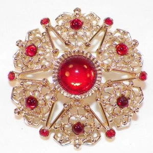 Sarah Coventry Pin Serenade Goldtone Filagree Red Cabachon Rhinestones 1970 - Picture 1 of 4