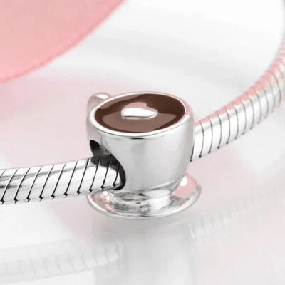Charm Perle Bead Kaffee Herz Tasse 925 Silber - Anhänger für Armband - Bild 1 von 2