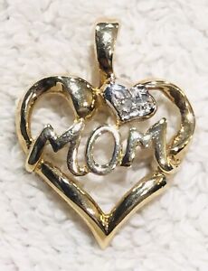 10k Solid Yellow Gold Heart Mom Diamond Love Pendant For Necklace