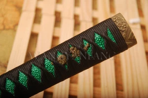 Japanese Katana STRAIGHT Handle With green imitated Rayskin Alloy Kashira Menuki - Picture 1 of 4