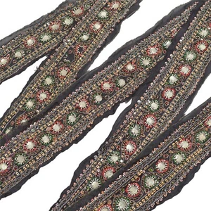 Sanskriti Vintage Sari Border Hand Beaded Craft 1 Yd Sewing Black Trims Lace - Picture 1 of 6