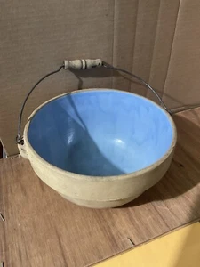ANTIQUE SALT GLAZE STONEWARE MIXING BOWL w/Bale Handle-Marked German, SWEET! - Picture 1 of 14