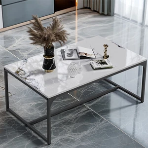Long and Large Heavy Duty Coffee Table with Metal Frame & Marble Top Grey Black - Picture 1 of 44