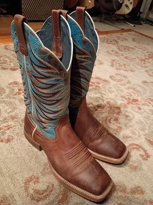 BOTAS VAQUERAS ARIAT FIRECATCHER CUERO MARRÓN Y AZUL PUNTA CUADRADA 10035952 PARA HOMBRE 9.5 Foto 1 de 4