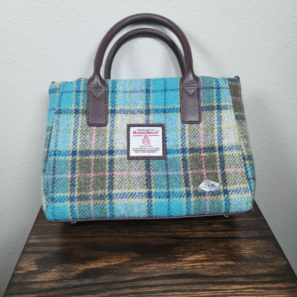 Small Plaid Leather & Canvas Top Handle Tote Bag For Women - Adjustable Crossbody Mini Satchel