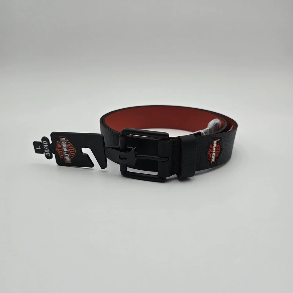 HARLEY-DAVIDSON Men's Large 38/40 Pebbled Leather Belt Black Embossed Logo