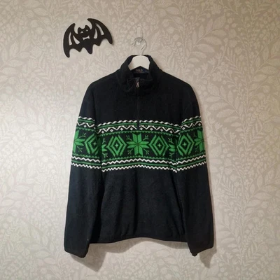 Polo Ralph Lauren Fleece Pullover Mens Large Black Green Aztec Fair Isle 1/4 Zip - Image 1 of 4
