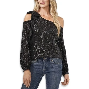 CeCe Blouse One Shoulder Bow Cold Design Long Sleeves Black Women's Medium NWT - Picture 1 of 12