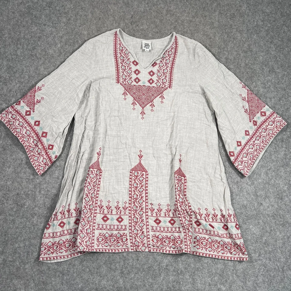 Top túnica para mujer Ivy Jane beige rojo bordado manga kimono 3/4 talla grande Foto 1 de 4
