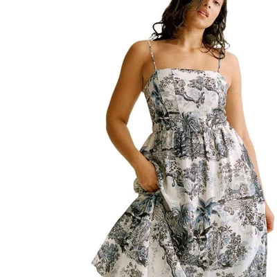 Vestido midi H&M novo com etiquetas azul creme preto estampa de animais costas manchadas tamanho XXL - Imagem 1 de 4