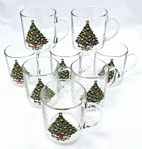 Vintage Luminarc Christmas Tree Coffee Egg Nog Glass Mugs 10oz Set of 8 - Picture 1 of 12