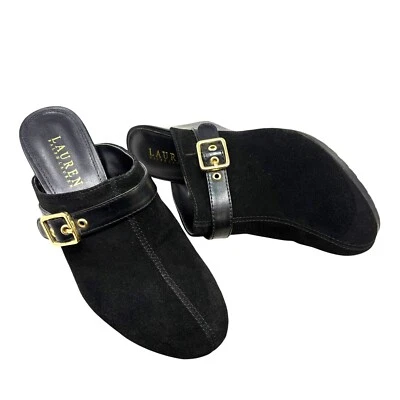 Lauren Ralph Lauren Yassinia Fivela de Camurça Preta Acento Wedge Mules Feminino 7.5 - Imagem 1 de 4