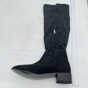 Black Women Sexy Round toe Stretch Faux Suede Low Heel Stitching Thigh High Boot - Picture 1 of 6