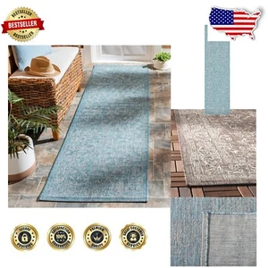 UV-Resistant 2'3" x 8' Aqua/Grey Contemporary Runner Rug for High Traffic Areas - Picture 1 of 8