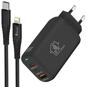 Ładowarka 65W GaN 2x USB-C 1x USB-A + kabel ładujący USB-C - kabel do iPhone 27W 2m - Zdjęcie 1 z 11