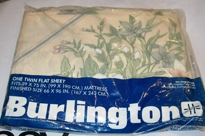 Sábana plana vintage BURLINGTON TWIN MARFIL BEIGE AZUL VERDE ROSA FLORAL 66X96 NUEVA Foto 1 de 3