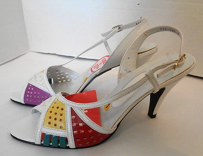 NOS Vintage White Leather Shoes Perforated Color Patches Geller Open Toe 7B - Image 1 of 4