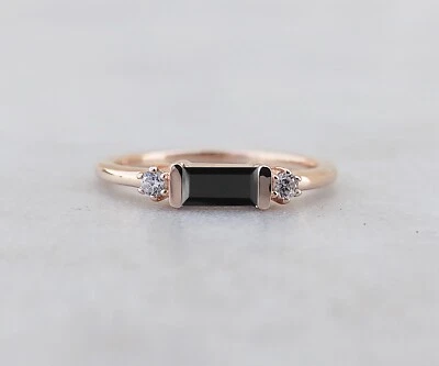 Natural Black Onyx Baguette Bar Delicate Sterling Silver  Stackable Ring For Her - Image 1 of 4