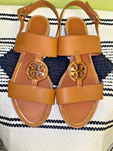 Tory Burch Metal Miller Two Band Sandal Size 9 Tan Leather Suede Trim