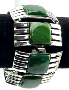 Bracciale Vintage Cromo Bachelite Marmorizzata Cacciatore Maglia Verde Lungo 7 1/8" - Foto 1 di 11