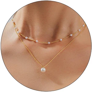 Pearl Necklace for Women Layered Trendy 14K Gold Plated Dainty Pearl Pendant Cho - Picture 1 of 12