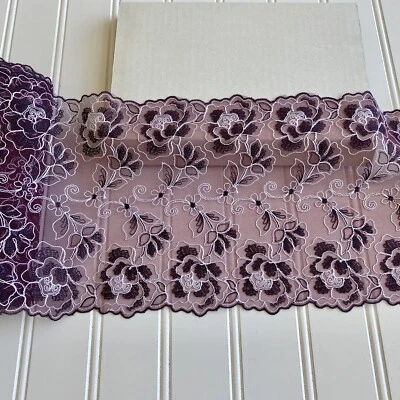 Borgoña y Blanco Bordado Doble Borde Encaje Ribete/Costura/Artesanía/Novia/7" Ancho Foto 1 de 4