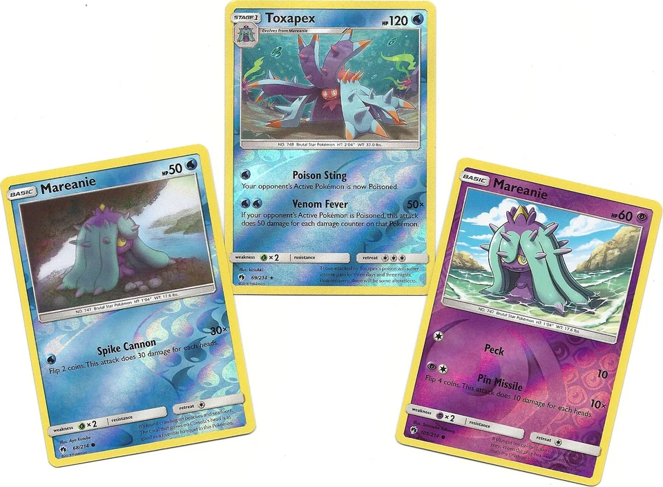 RARE TOXAPEX + 2 MAREANIE -3 EVOLUTION SET-REV HOLO- LOST THUNDER Pokemon - Image 1 of 1