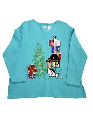 Blair Kitty Cat Knit Shirt Christmas Tree Presents Turquoise Blue 2XL Long Sleev - Image 1 of 4