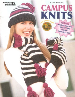Campus Knits Hat Scarf Tote Socks Poncho Knitting Pattern Book Leisure Arts 3985 - Image 1 of 4