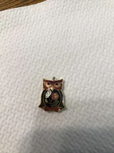 Vintage Owl Cloisonné Pendant Charm Enameled Puff double sided - Picture 1 of 4