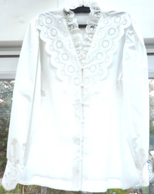 Damen Trachtenbluse Dirndlbluse Karlsbader Bluse Spitze Langarm weiß Gr.44#134uT - Bild 1 von 4