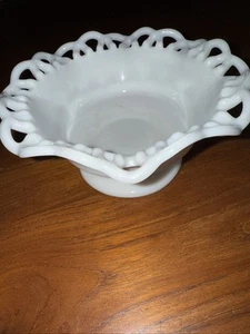 Vintage Lace Edge Footed Milk Glass Bowl 7.5” Wide - Picture 1 of 5