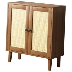 Bamboo Sideboard Buffet Cabinet with Rattan 2 Doors Kitchen Chestnut Brown - Picture 1 of 8