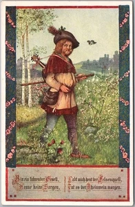 Vintage 1910s Artist-Signed Postcard Minstrel / Man with Mandolin / Unused - Picture 1 of 2