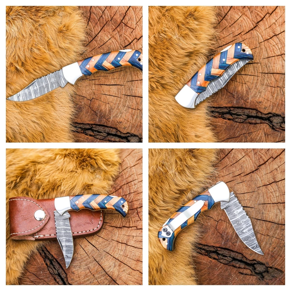 Hermoso cuchillo plegable de acero Damasco hecho a mano personalizado con mango negro y amarillo Foto 1 de 1