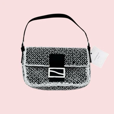 Mini Bolso de Hombro Cartera Baguette con Cuentas Blanco y Negro Tono Plateado Herrajes Foto 1 de 4