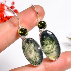 Moos Achat Peridot Edelstein Handmade Jewelry.925 Silber Ohrringe 1.7 " SU12797 - Bild 1 von 6