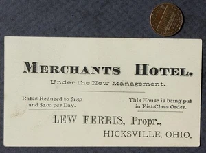 1890 / 1900s Era Hicksville Ohio Merchants Hotel business card New Management - - Picture 1 of 1