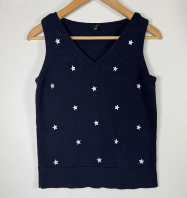 Talbots Womens Sweater Vest Small Navy Blue White Star Embroidered Knit Cotton - Image 1 of 4