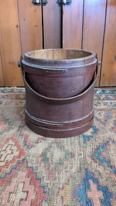 Antique Early Country Primitive Wood Firkin Bucket Old Red Paint 10.5" - Picture 1 of 8