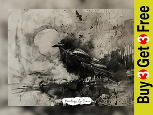 Monochrome Krähe Kunstwerk Malerei Druck 5"x7" auf mattem Papier - Bild 1 von 6