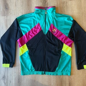 Vintage Puma Equipe Team Sport Jacket Size 40 1990s Retro Green Pink Black Yello - Picture 1 of 7