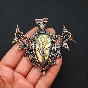 Yellow Flash Labradorite Gemstone Copper Wire Wrapped Handmade Pendant Jewelry - Picture 1 of 6