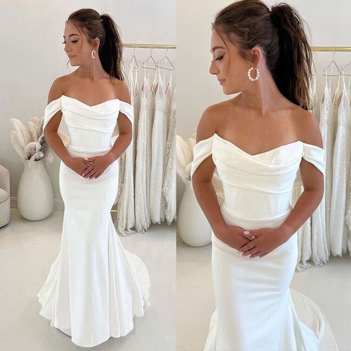 OFF WHITE Abiti da sposa a sirena spiaggia senza le spalle raso abiti da sposa semplici