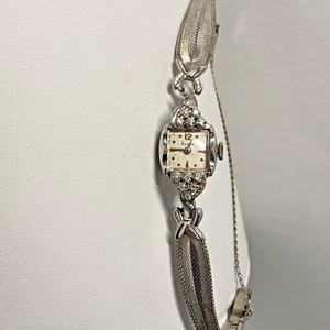 1950s Ladies Diamond Cocktail Watch 14K White Gold Elgin Dress Watch - Picture 1 of 12
