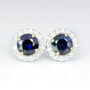 1.75ct Round Blue Sapphire Halo Stud Earrings in White Gold - Picture 1 of 3