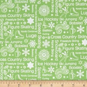 Christmas Fabric - Winter Games Sports Words Green - Benartex Contempo YARD